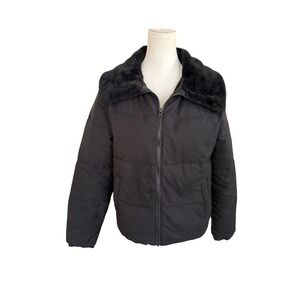 Subdued Black Winter Women's Faux-Fur Collar Full Zip Puffer Jacket Coat 6